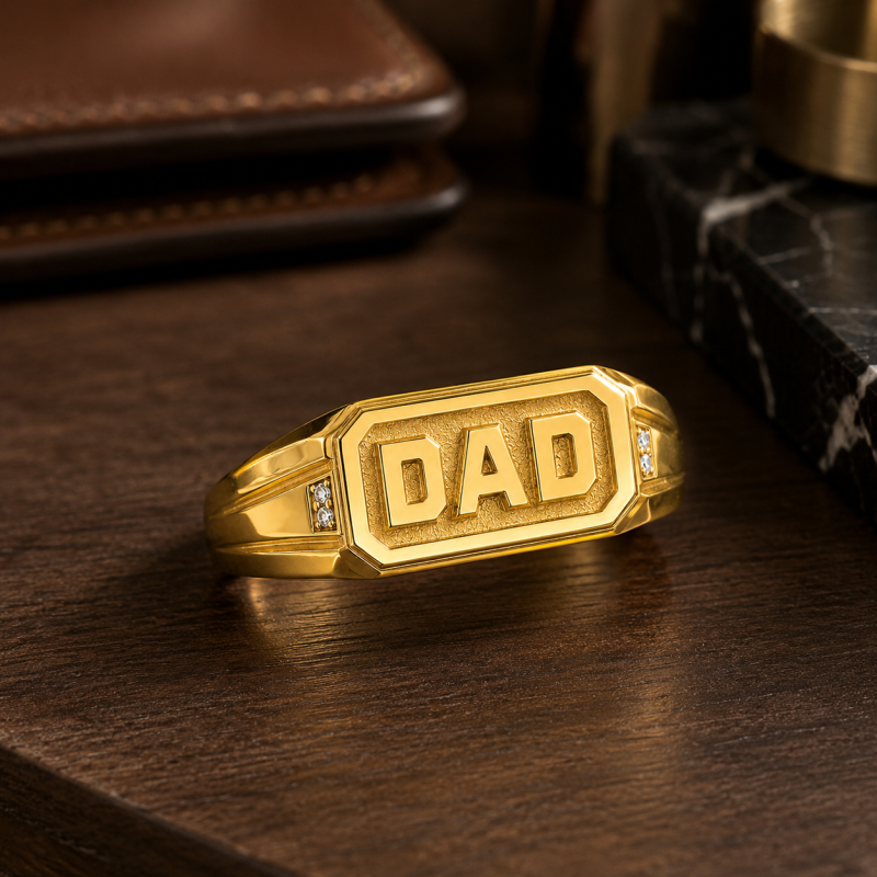 Sterling Silver with Yellow Gold Plated Diamond Father Custom Signet Ring-3