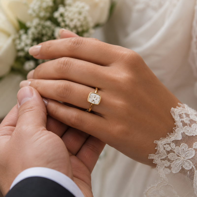 Verlobungsring aus Sterlingsilber mit gelbvergoldetem, länglichem, kissenförmigem, im Labor gezüchtetem Diamanten (Solitär, individuell gefertigt)-2