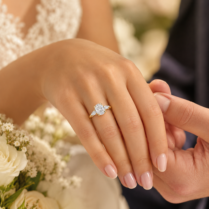 Sterling Silver with Yellow Gold Plated Elongated Cushion Cut Lab-Grown Diamond Three-Stone Engagement Ring-2