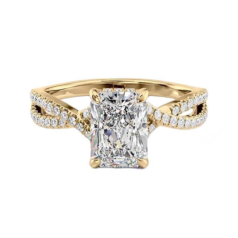 Sterling Silver with Yellow Gold Plated Elongated Cushion Cut Moissanite Hidden Halo Engagement Ring-1