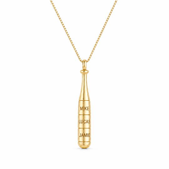 Collana da uomo con ciondolo a forma di mazza da baseball personalizzabile con incisione, in argento sterling placcato oro giallo.