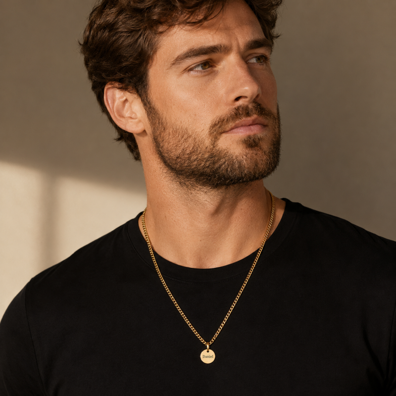 14K Gold Personalized Coin Necklace with Curb Chain-2
