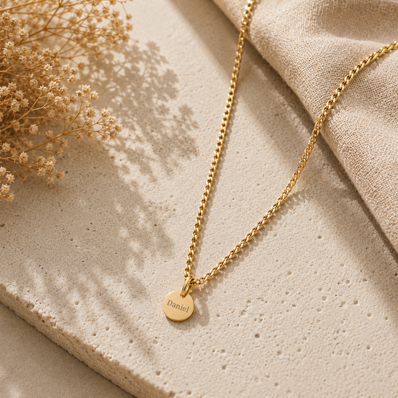 14K Gold Personalized Coin Necklace with Curb Chain-3