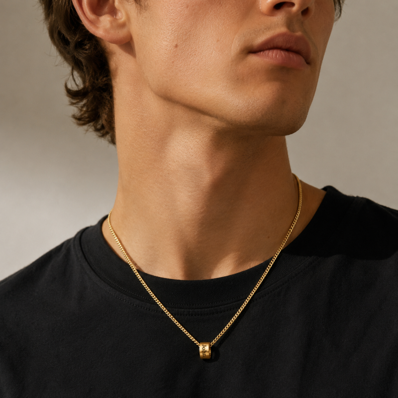 18K Gold Engravable Pendant Necklace for Men with Curb Link Chain-2
