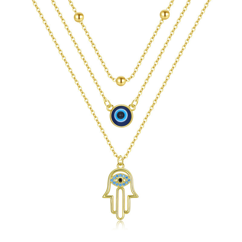 Collar en capas de plata de ley con baño de oro amarillo Mal de Ojo y Hamsa a mano-7
