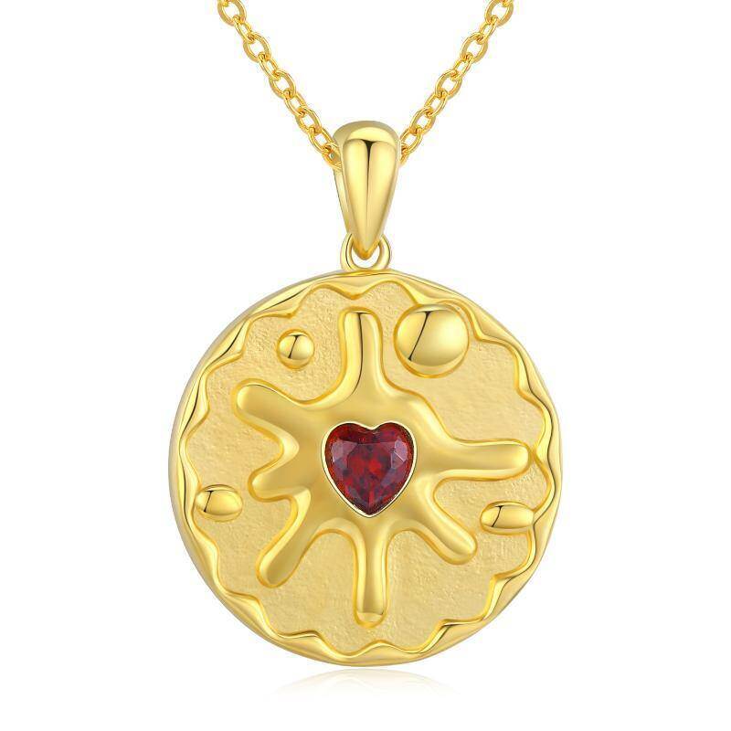 Collar con colgante redondo de plata de ley con circonita cúbica y corazón chapado en oro amarillo-1