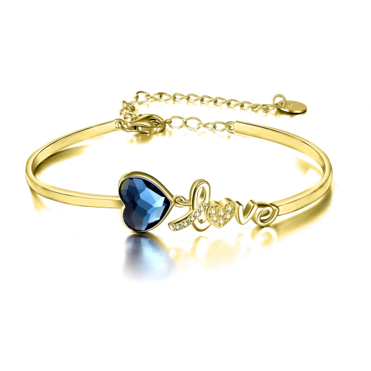 Sterling Silver with Yellow Gold Plated Heart Shaped Crystal Heart Pendant Bangle with Engraved Word