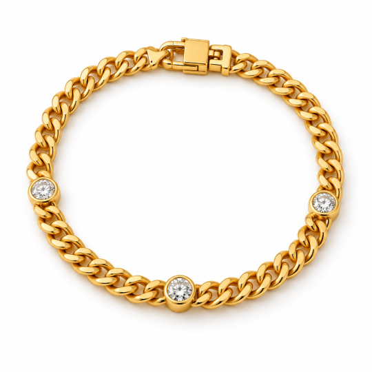 Sterling zilveren armband met geelgoud vergulde laboratoriumdiamant, 3,5 mm Cubaanse schakelketting, verkrijgbaar in lengtes van 6 tot 9 inch.
