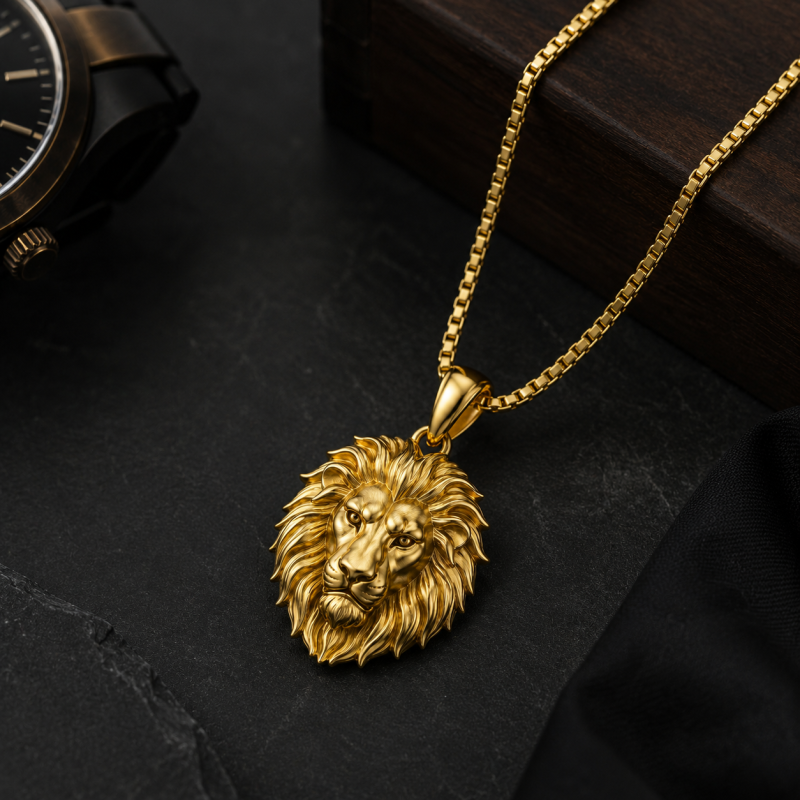 Sterling Silver with Yellow Gold Plated Lion Pendant Necklace for Men-2