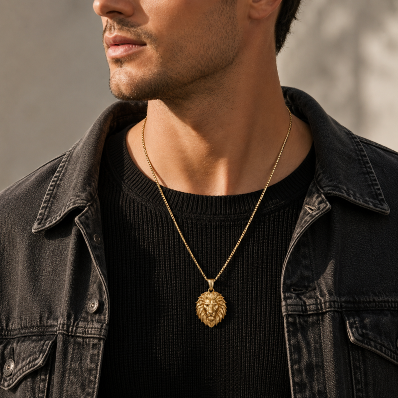 Sterling Silver with Yellow Gold Plated Lion Pendant Necklace for Men-4
