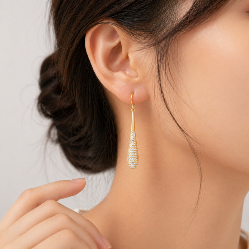 Sterling Silver with Yellow Gold Plated Moissanite Half Pave Teardrop Drop Earrings-2