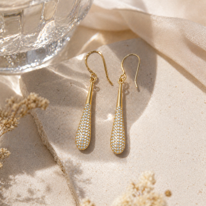 Sterling Silver with Yellow Gold Plated Moissanite Half Pave Teardrop Drop Earrings-4