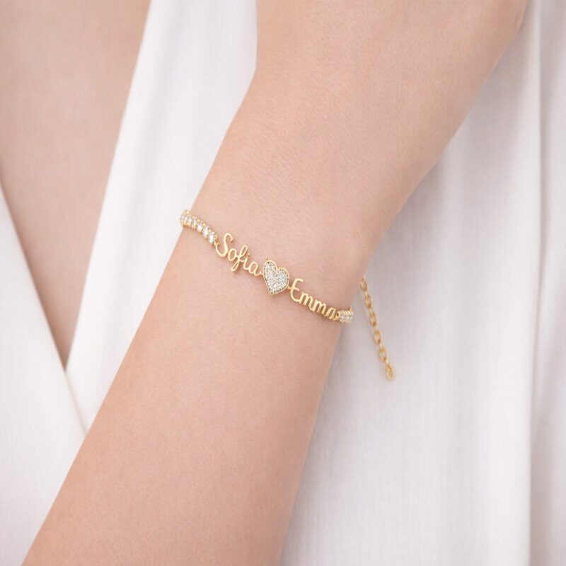 Sterling Silver with Yellow Gold Plated Moissanite Personalized Classic Name Tennis Bracelet-2