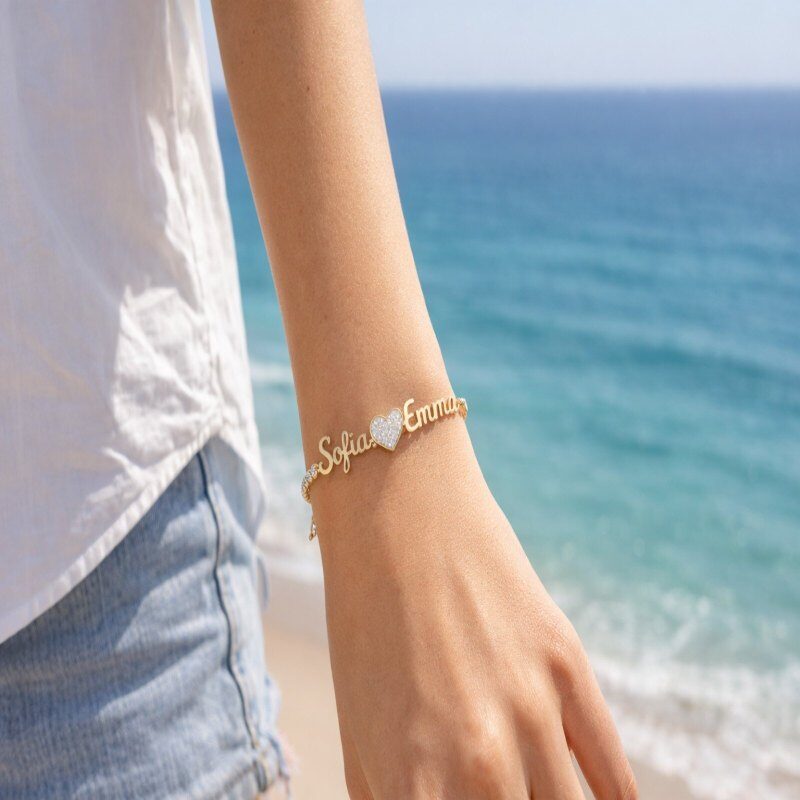 Sterling Silver with Yellow Gold Plated Moissanite Personalized Classic Name Tennis Bracelet-3