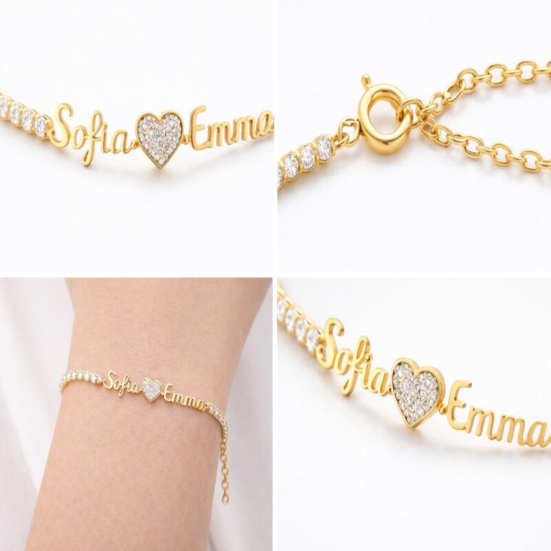 Sterling Silver with Yellow Gold Plated Moissanite Personalized Classic Name Tennis Bracelet-4
