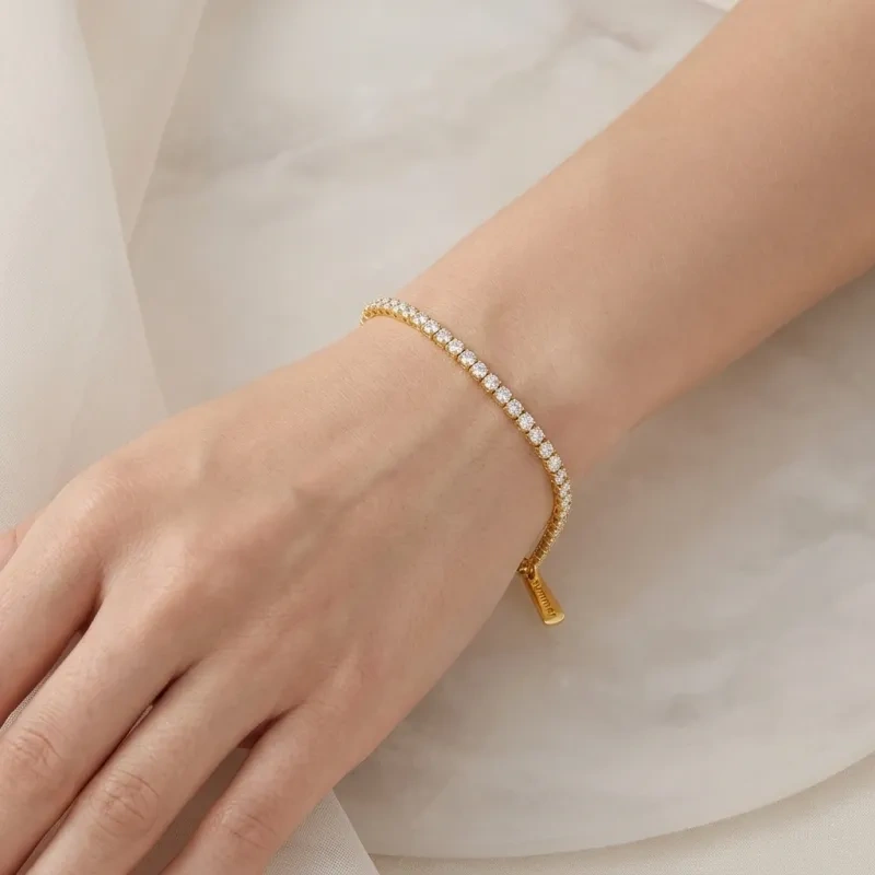 Sterling Silver with Yellow Gold Plated Moissanite Personalized Engraving Tennis Bracelet-4