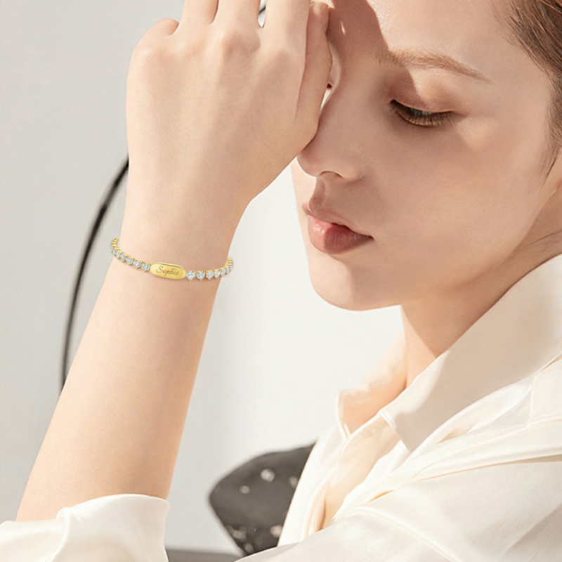 Sterling Silver with Yellow Gold Plated Moissanite Personalized Engraving Tennis Bracelet-2