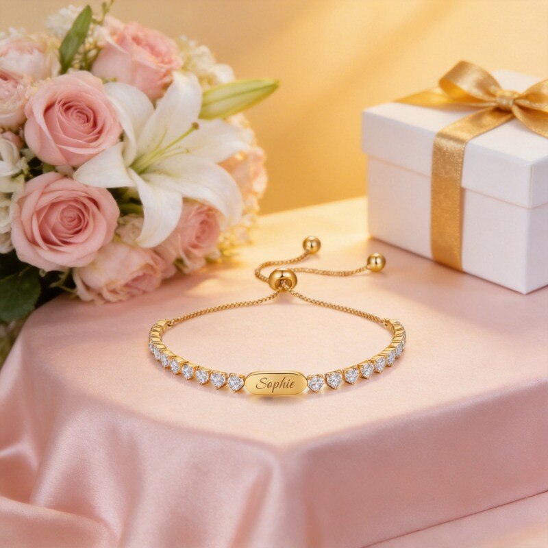 Sterling Silver with Yellow Gold Plated Moissanite Personalized Engraving Tennis Bracelet-3