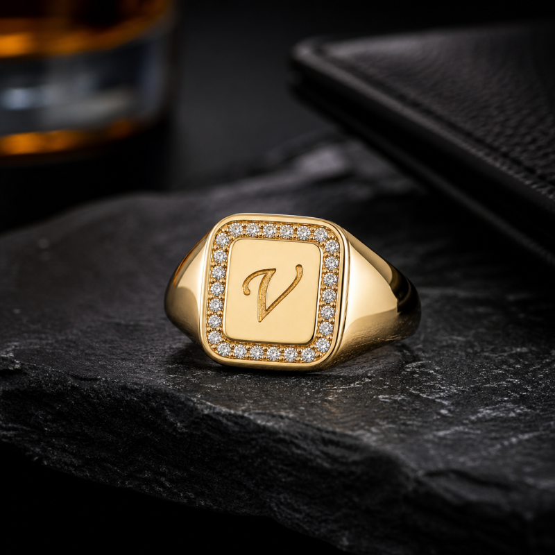 18K Gold Moissanite Personalized Initial Letter Signet Ring for Men-3