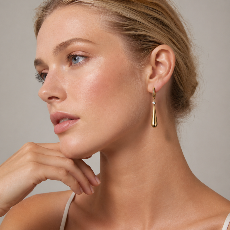 Sterling Silver with Yellow Gold Plated Moissanite Slim Teardrop Hoop Earrings-2
