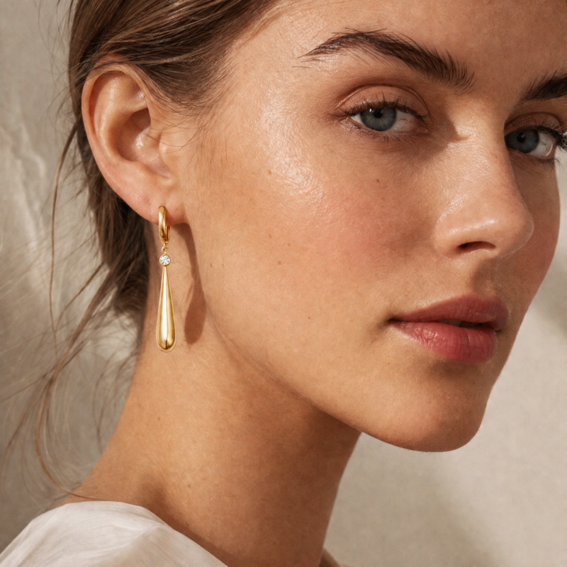Sterling Silver with Yellow Gold Plated Moissanite Slim Teardrop Hoop Earrings-3