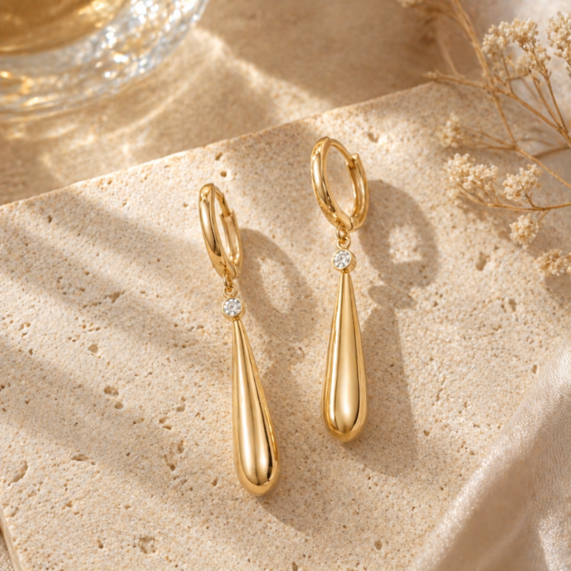 Sterling Silver with Yellow Gold Plated Moissanite Slim Teardrop Hoop Earrings-4