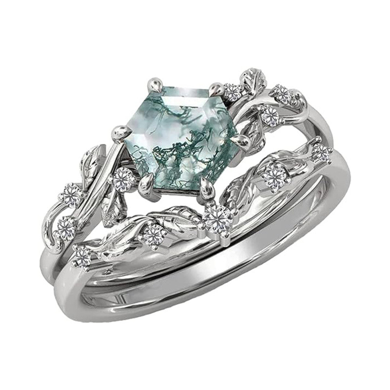 Bague de fiançailles en argent sterling et agate mousse, gravure personnalisée, motif lierre-1