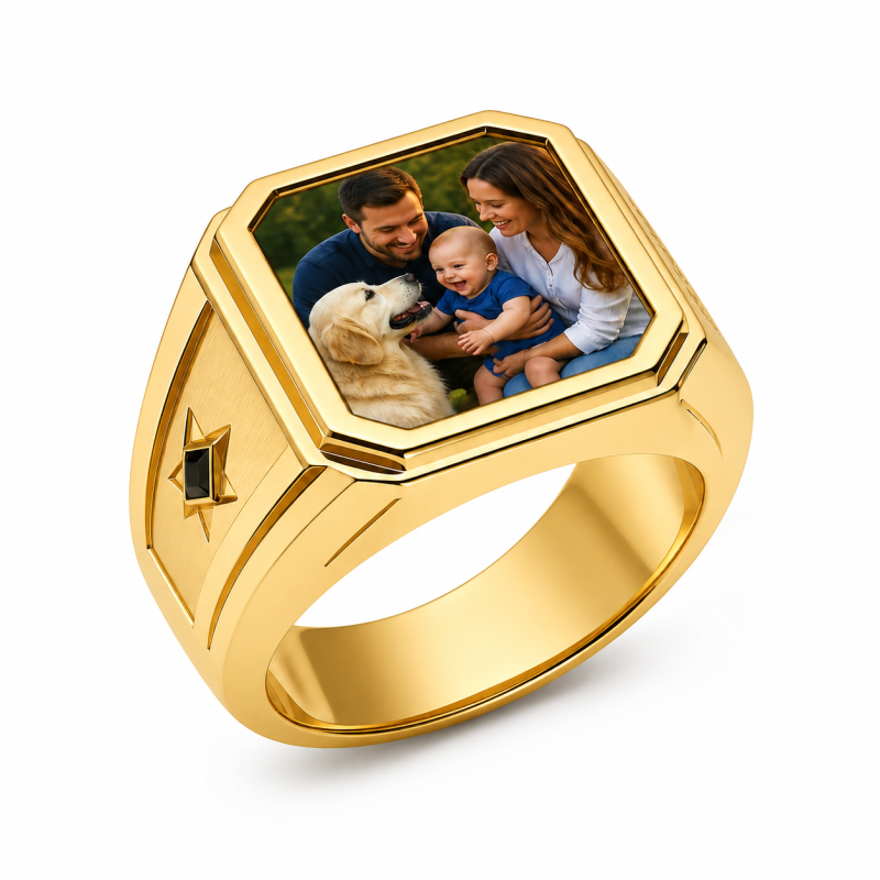14K Gold Onyx Personalized Photo Signet Ring for Men-1