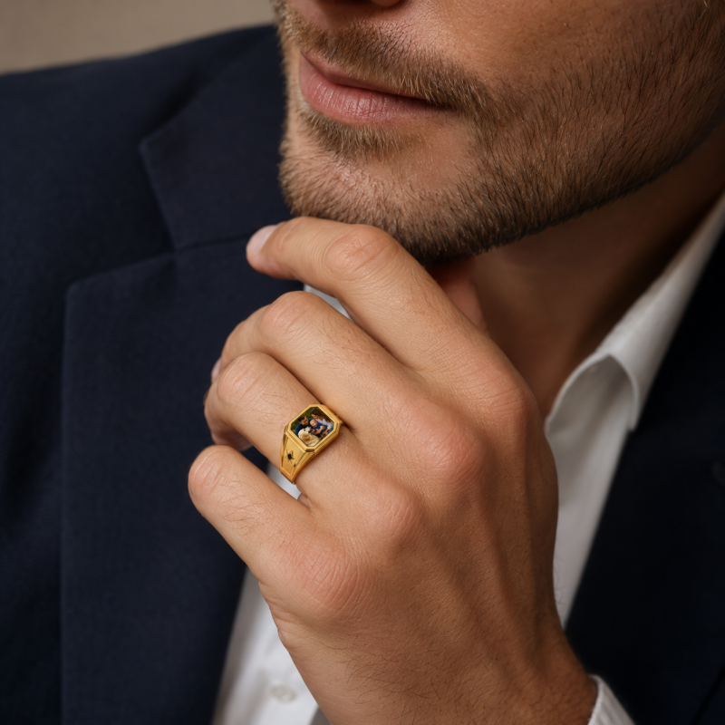 14K Gold Onyx Personalized Photo Signet Ring for Men-2