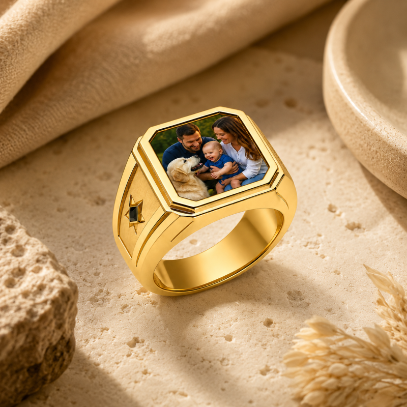 14K Gold Onyx Personalized Photo Signet Ring for Men-3