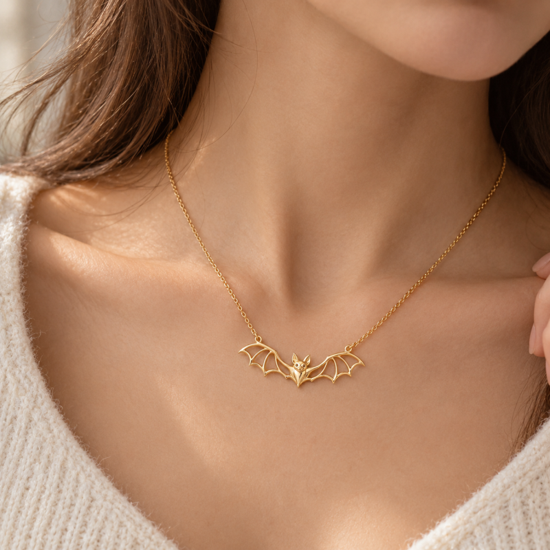 Collar con colgante de murciélago calado de plata de ley con baño de oro amarillo-3