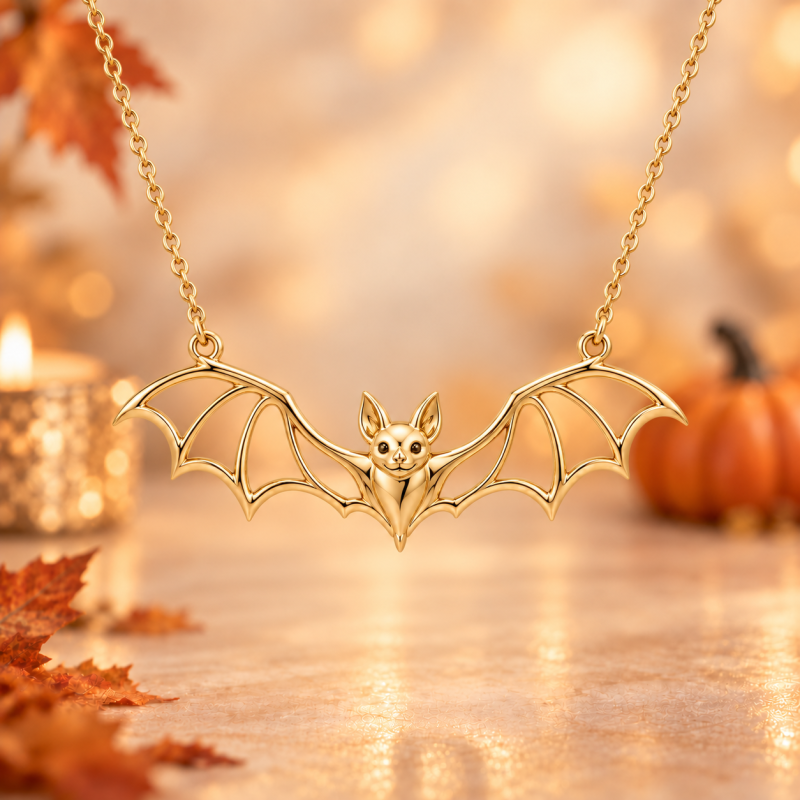 Collar con colgante de murciélago calado de plata de ley con baño de oro amarillo-1