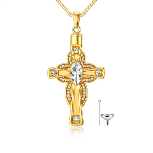Collar de urna con forma de cruz de cristal ovalado chapado en oro amarillo de plata de ley para cenizas