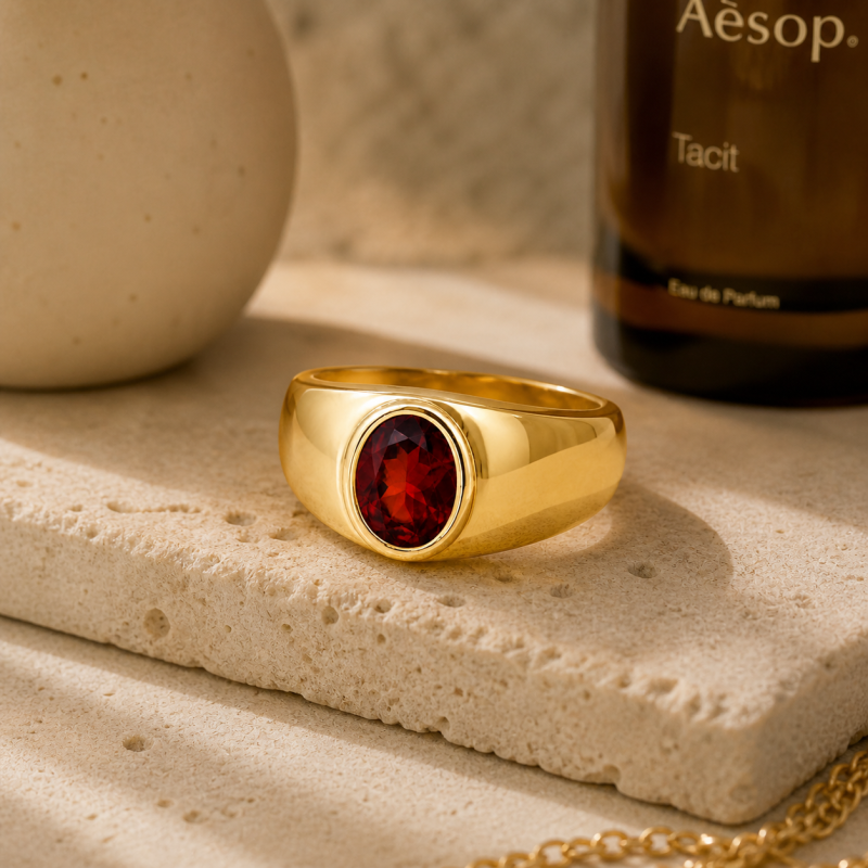 18K Gold Oval Cut Birthstone Signet Ring for Men-4