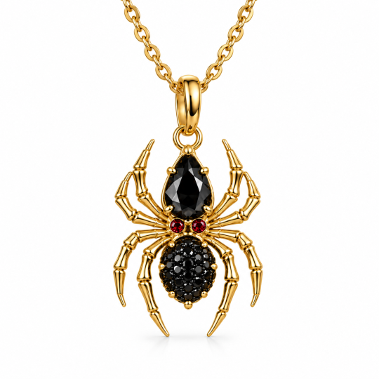 Подвеска в виде паука из черного агата грушевидной огранки, покрытого желтым золотом, из стерлингового серебра.