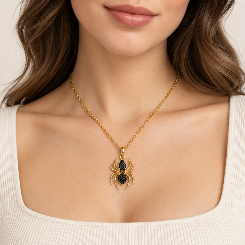Collar con colgante de araña de ágata negra talla pera en plata de ley con baño de oro amarillo-3
