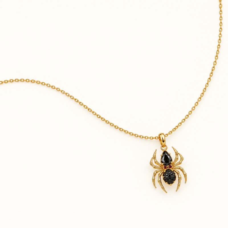 Collar con colgante de araña de ágata negra talla pera en plata de ley con baño de oro amarillo-4
