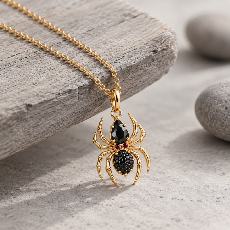 Collar con colgante de araña de ágata negra talla pera en plata de ley con baño de oro amarillo-5
