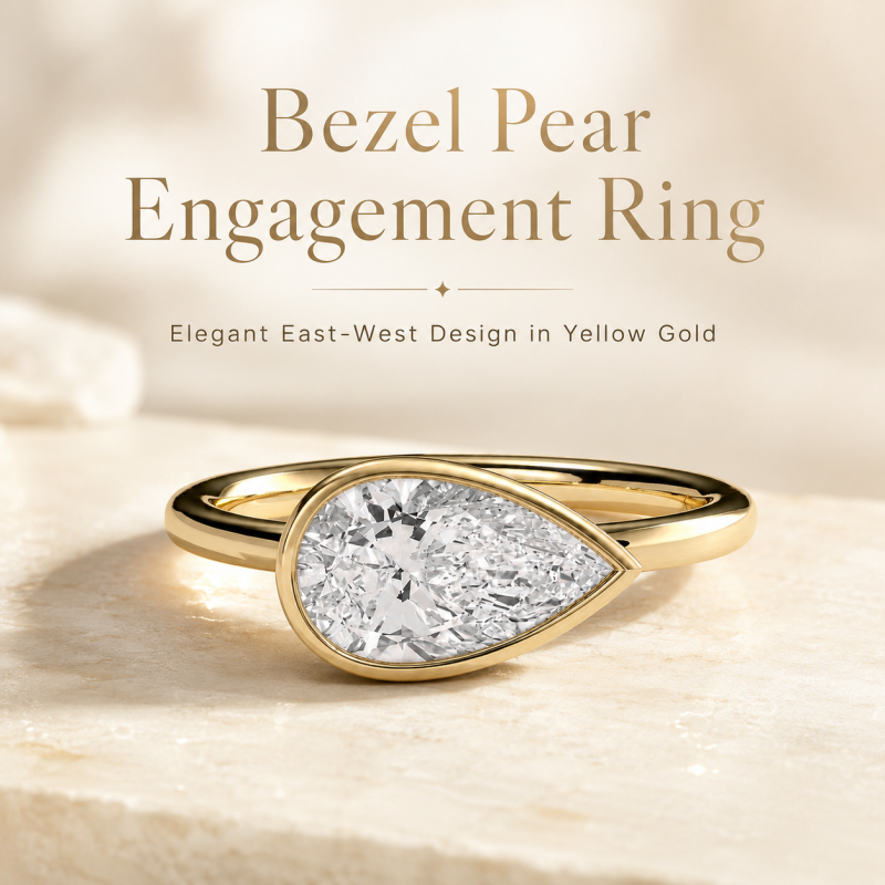 Anillo de compromiso solitario de plata de ley con diamante cultivado en laboratorio de talla pera y baño de oro amarillo, engaste horizontal.-4