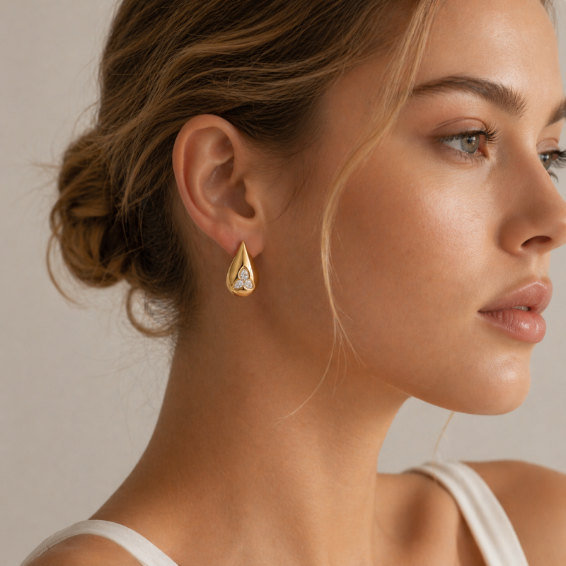 Sterling Silver with Yellow Gold Plated Pear Cut Moissanite Half PaveTeardrop Stud Earrings-2