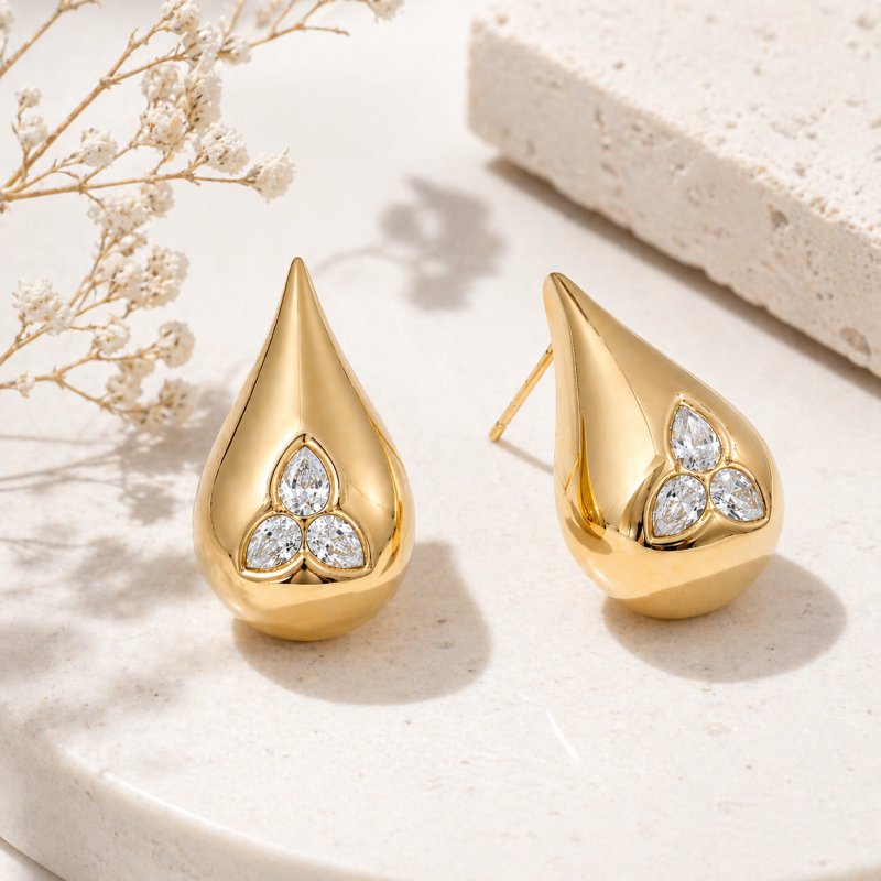 Sterling Silver with Yellow Gold Plated Pear Cut Moissanite Half PaveTeardrop Stud Earrings-3