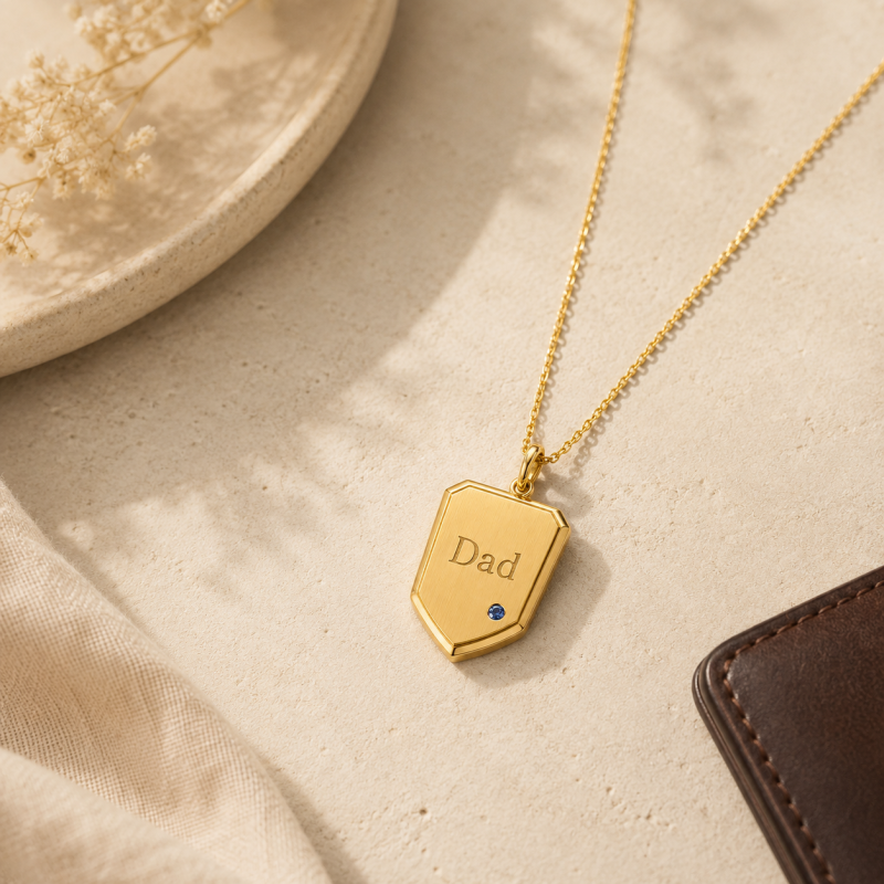 18K Gold Personalized Birthstone & Engravable Pendant Necklace for Men-4
