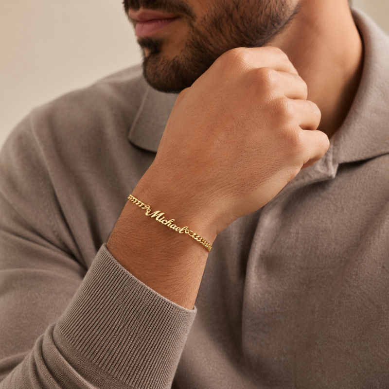 10K Gold Personalized Classic Name Charm Bracelet for Men-3