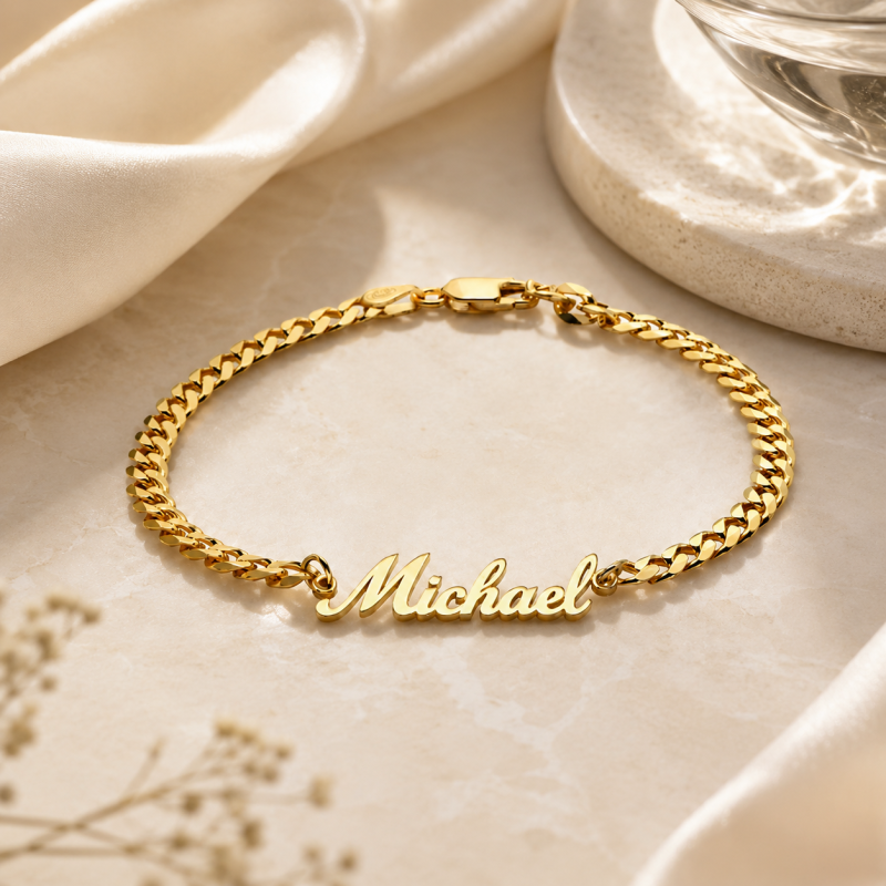 10K Gold Personalized Classic Name Charm Bracelet for Men-4