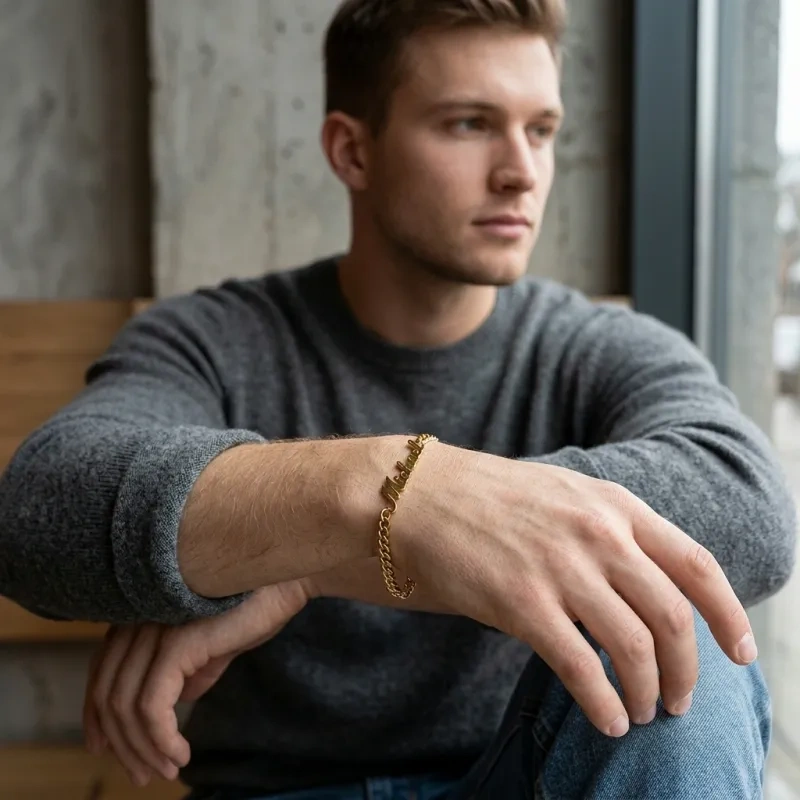 10K Gold Personalized Classic Name Charm Bracelet for Men-5