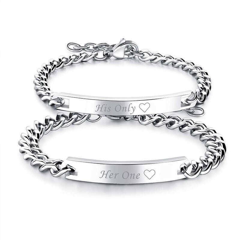 Pulsera de identificación de pareja en plata de ley con baño de oro amarillo y grabado personalizado-2