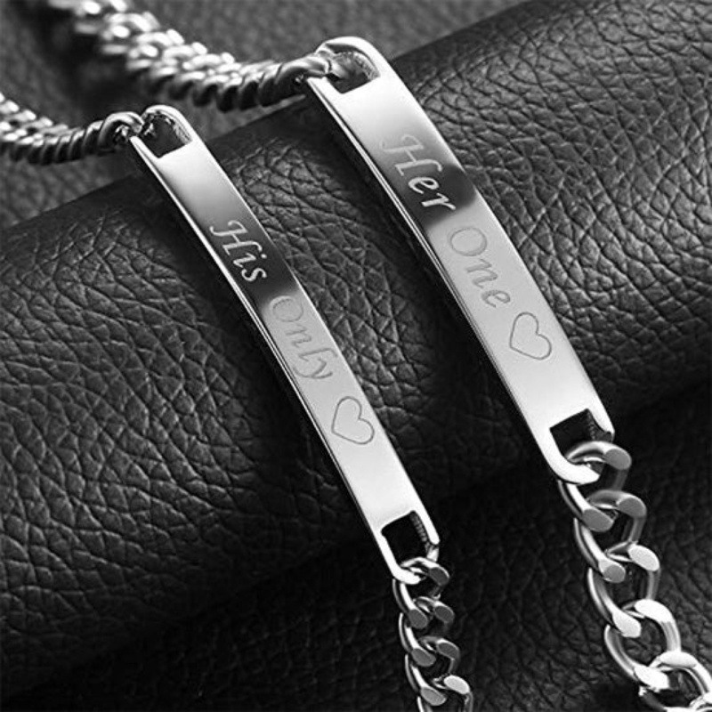 Pulsera de identificación de pareja en plata de ley con baño de oro amarillo y grabado personalizado-5