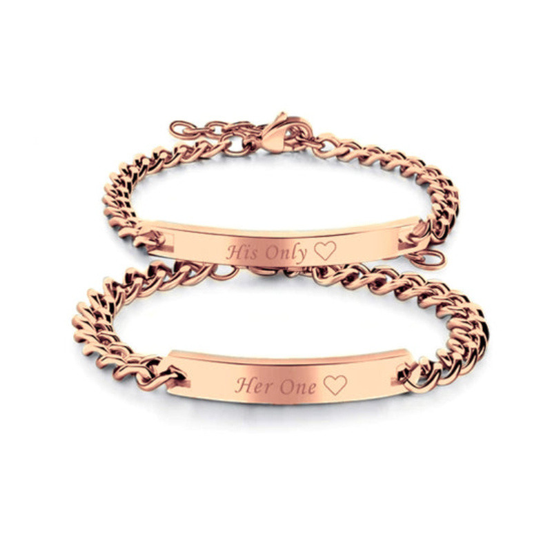 Pulsera de identificación de pareja en plata de ley con baño de oro amarillo y grabado personalizado-7