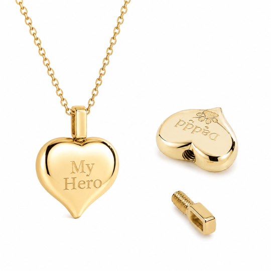 Colar de Urna em Forma de Coração para Cinzas, em Prata Esterlina com Banho de Ouro Amarelo e Gravação Personalizada