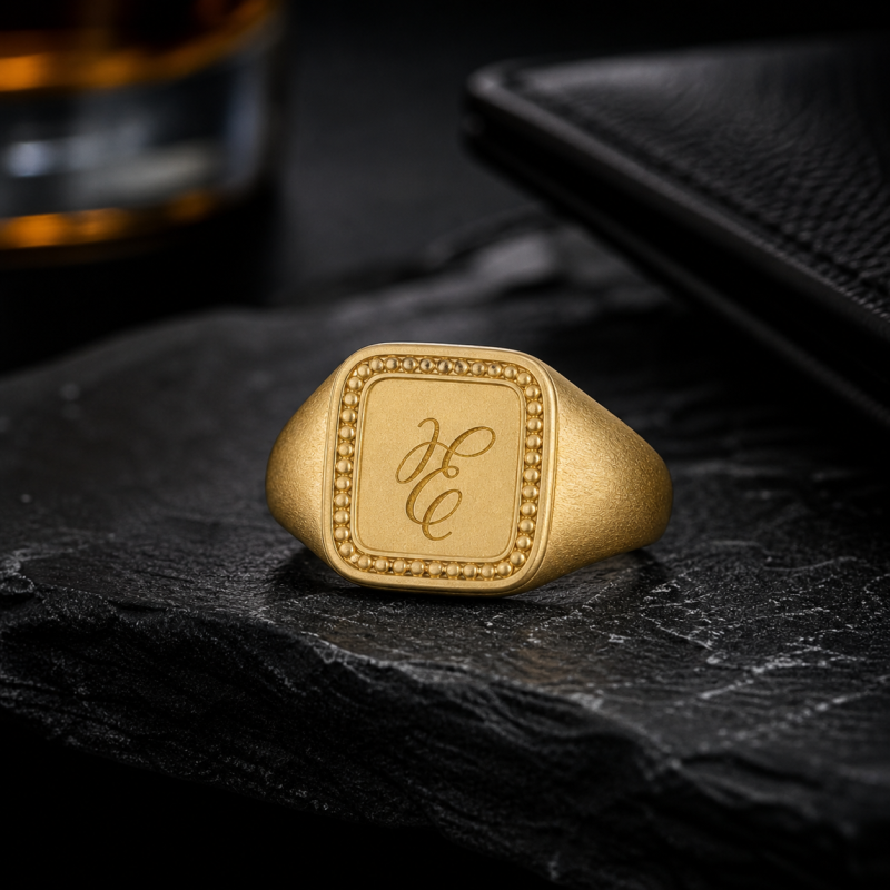 14K Gold Frosted Personalized Initial Letter Signet Ring for Men-3